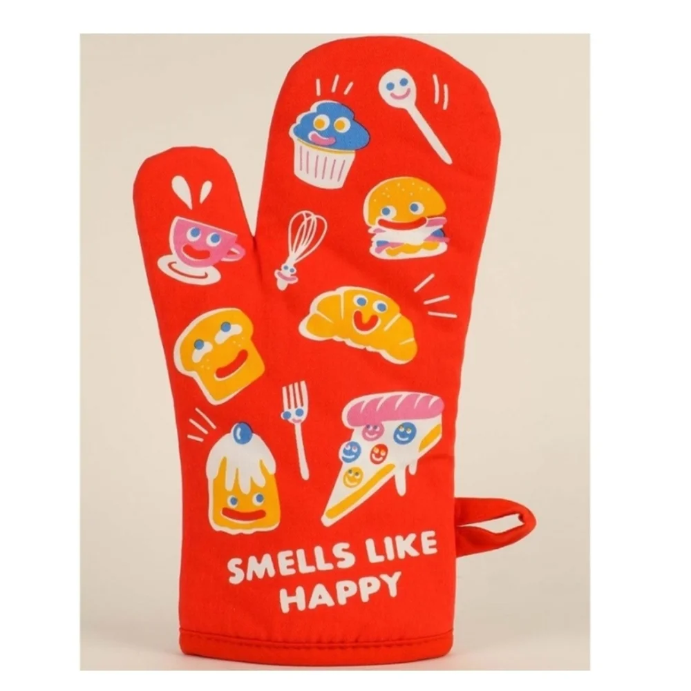 Blue Q Smells Like Happy Red Oven Mitt with Fun Food Graphics